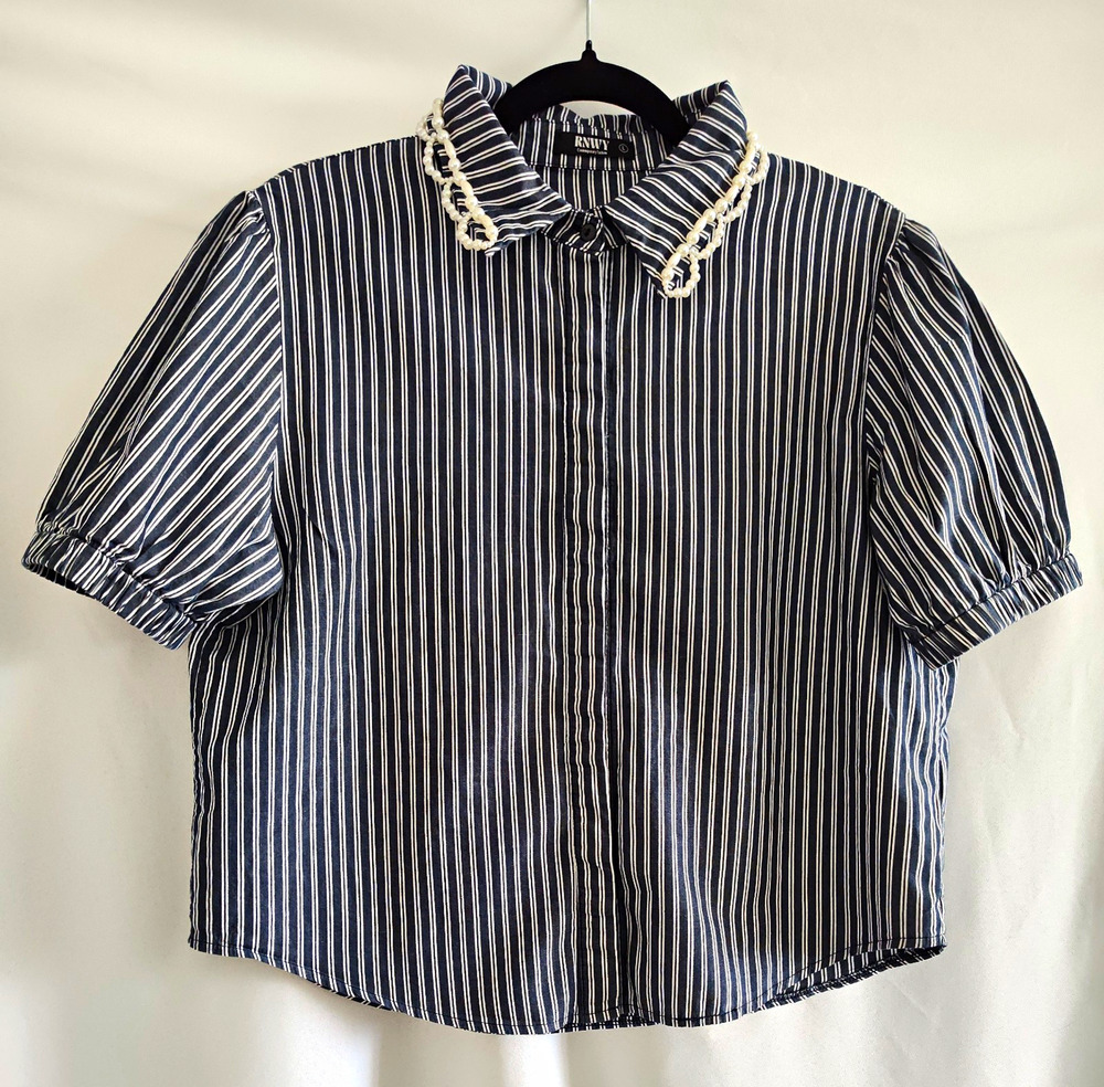 RNWY Women’s L Blue White Striped Puff Sleeve Beaded Collar Cotton Blouse